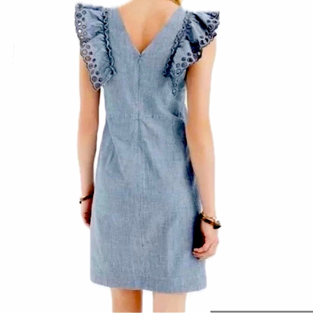 J. Crew Chambray Eyelet Ruffle Sleeve V-Neck sleeveless Sheath Dress Blue 12 - Picture 4 of 10